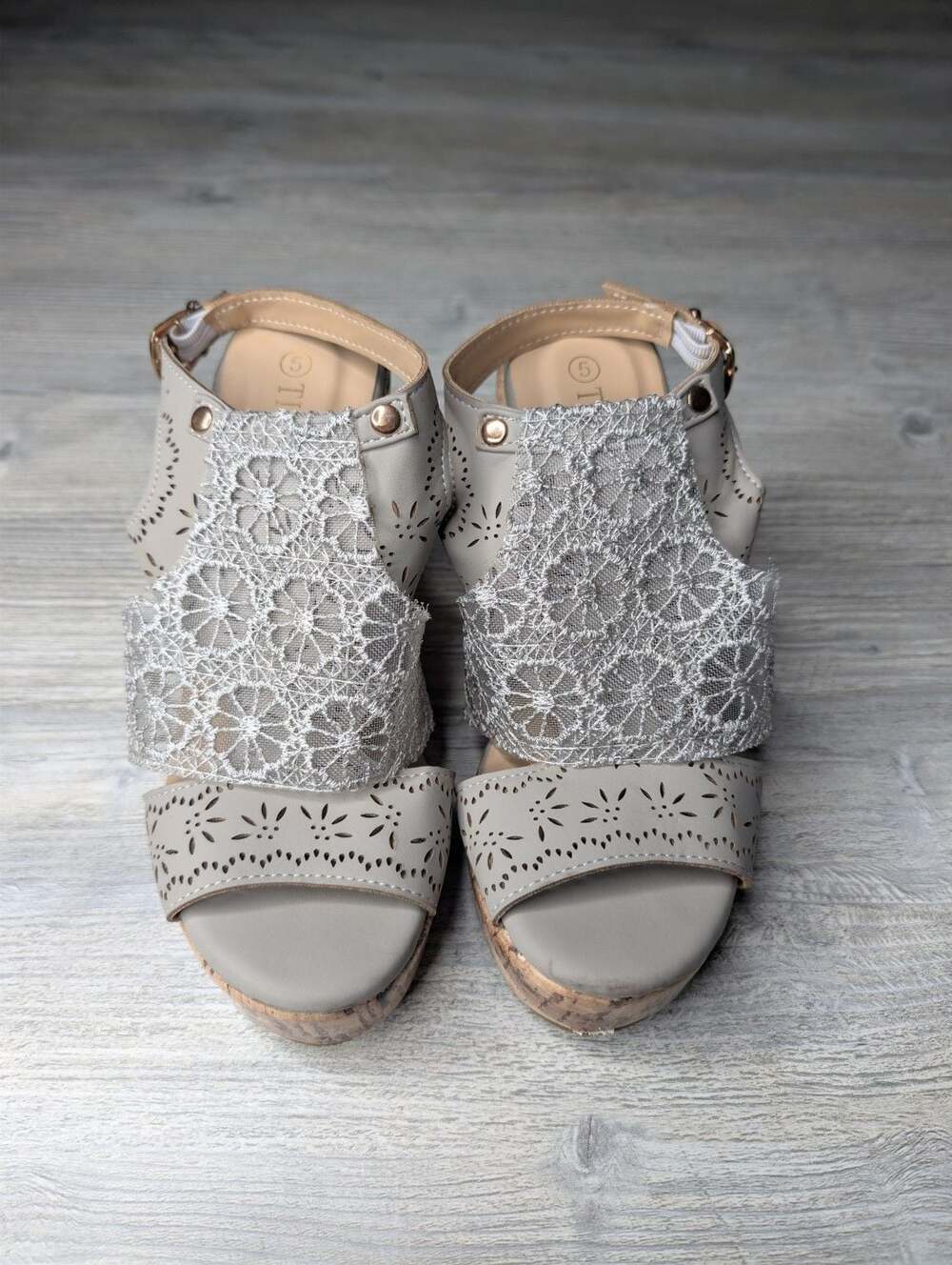 Tinstree Women's Gray Cutout Lace Cork Platform Wedge Sandals